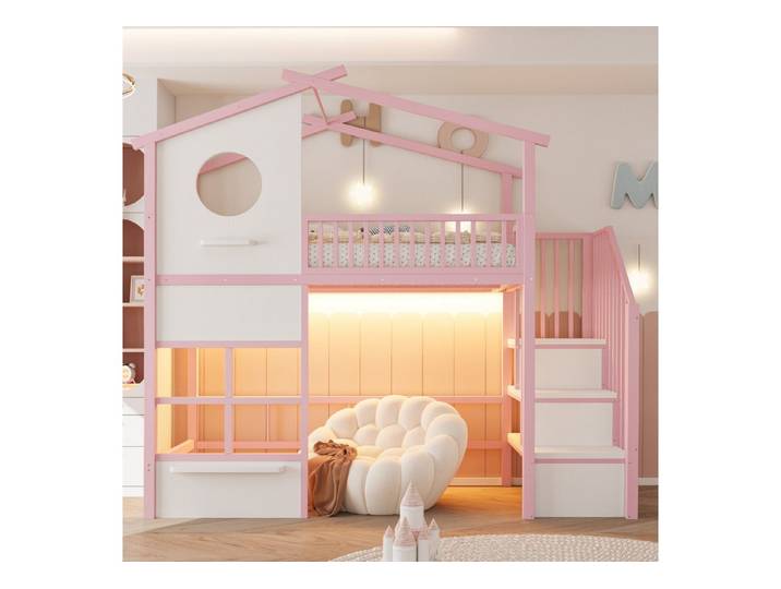 i@home Hochbett Metall-Hochbett,Jugendbett,Kinderbett,Multifunktionsbett,90x200cm im Wohnstil gestaltet,mit Treppe,mit Stauraum und hohem Geländer,Rosa