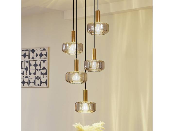Hildur 5 Cluster Pendelleuchte Rauch Grau/Messing - Lindby - Esszimmer - Glas - Mehrflammig