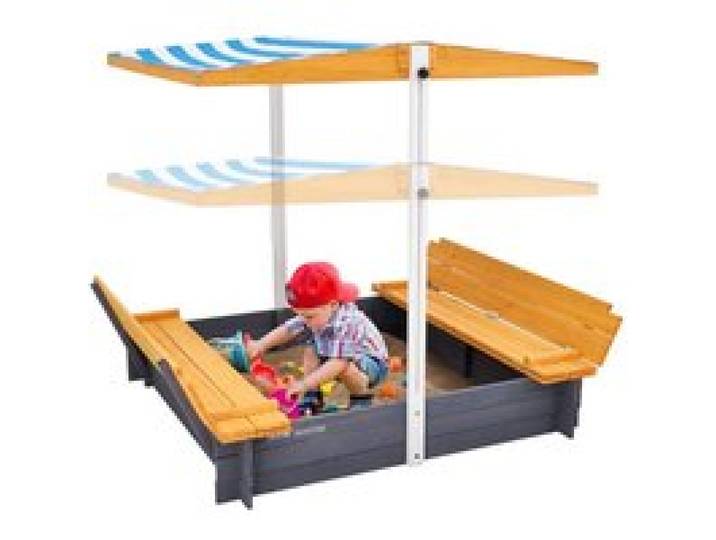 VEVOR Holzsandkasten mit Überdachung, Sandkasten, Sandgrube mit klappbaren Sitzbänken und Bodeneinlage, Naturholz-Sandkasten für Kinder für den Garten, Geschenk für Kinder im Alter von 3–12 Jahren