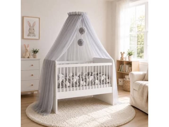 Baby Fancyroom Betthimmel für Babybett, Prinzessin Babywiege, Moskitonetz, Beistellbett Himmel, Babyzimmer Deko, Baldachin Premium Tüll (Hellgrau, Betthimmel mit Bommel)