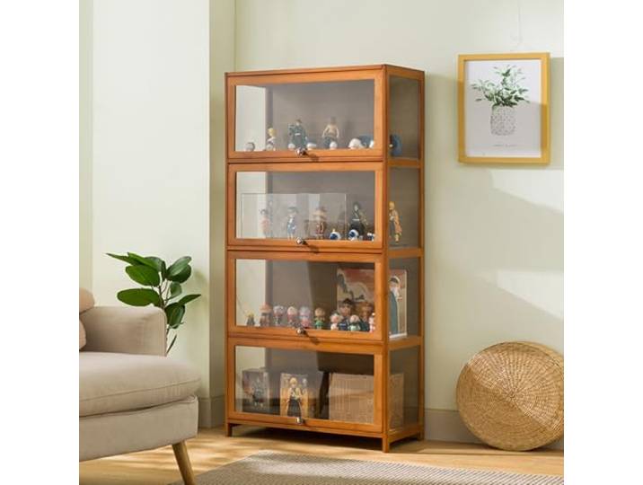 Vitrinenschrank Bambus-Aufbewahrungsschrank, Vitrine mit AcryltüR, Curio-SchräNke, Flip-Schranktür-Design, ist staubdicht und leicht zu reinigen Sich für Schlafzimme Eckvitrine-Coffee(80×32×140cm)