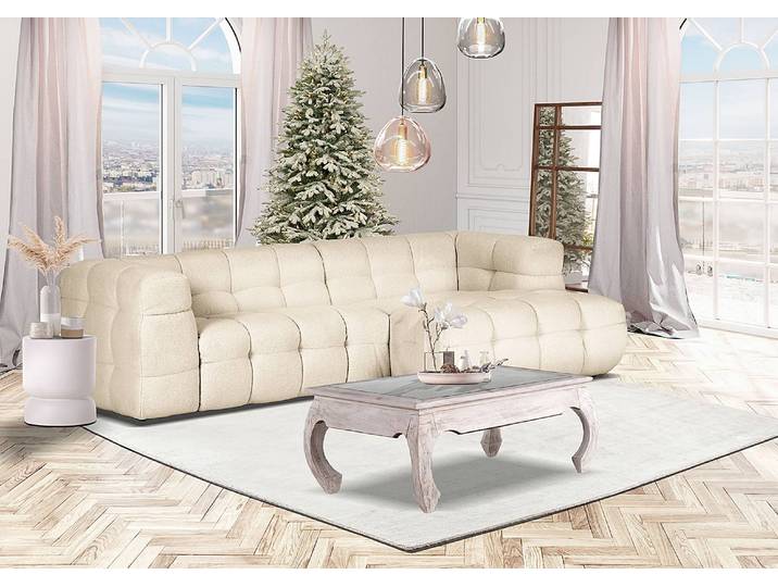 Ecksofa Kayar Weiß Webstoff Wunna 260 x 70 x 160cm Ottomane davorstehend rechts Modern