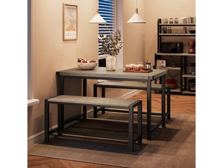 Ensemble table à manger 3 pièces pour 4 personnes avec 2 bancs design compact gris
