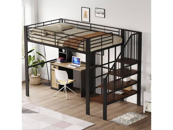 Hochbett 140x200 Noir et Blanc - Lit surélevé avec Bureau et Escalier Intégré