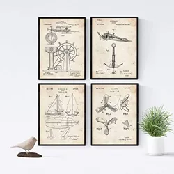POSTER Set mit 4 Jahrgang Patenten Booten A4 Schwarzer Rahmen