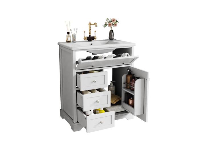 Okwish Badunterschrank mit Waschbecken 76/46/87 cm weiß aus MDF und Keramik mit 4 Schubladen, Weiß, 76x87x46 cm, Badezimmer, Waschbecken & Armaturen, Waschtische