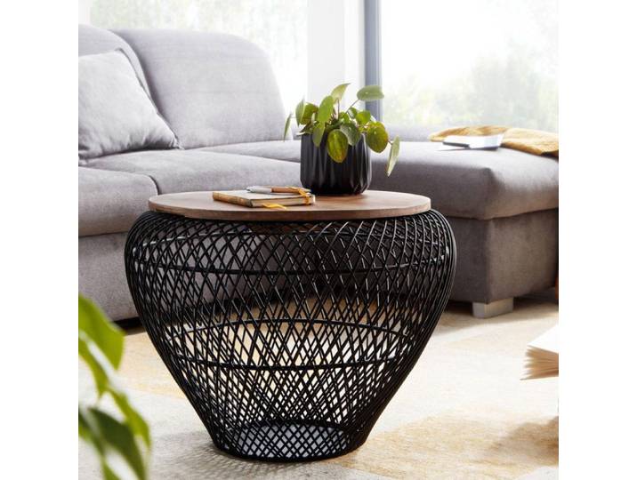 WOHNLING Table basse Ronde 60x60x45 cm Manguier Massif Métal Noir
