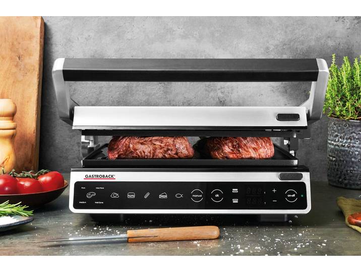 Kontaktgrill GASTROBACK 42542 Design BBQ Advanced Smart , silber (silberfarben), B:37,5cm H:17cm T:36cm, Kontaktgrill_Standgrill_Tischgrill_Teppanyakigrill, Kontaktgrill