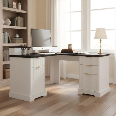 "59"" Modern Fluted L-Shaped Desk with Charging Station & Storage Cabinet"