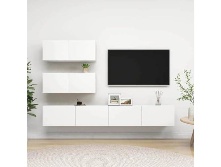 HEFZGDB 4-TLG. TV-Schrank-Set Weiß Holzwerkstoff Modernes Design mit großem Stauraum Wandmontage Hängendes Wohnzimmermöbel Robustes HiFi-Schrank-Set mit Mehreren Fächern
