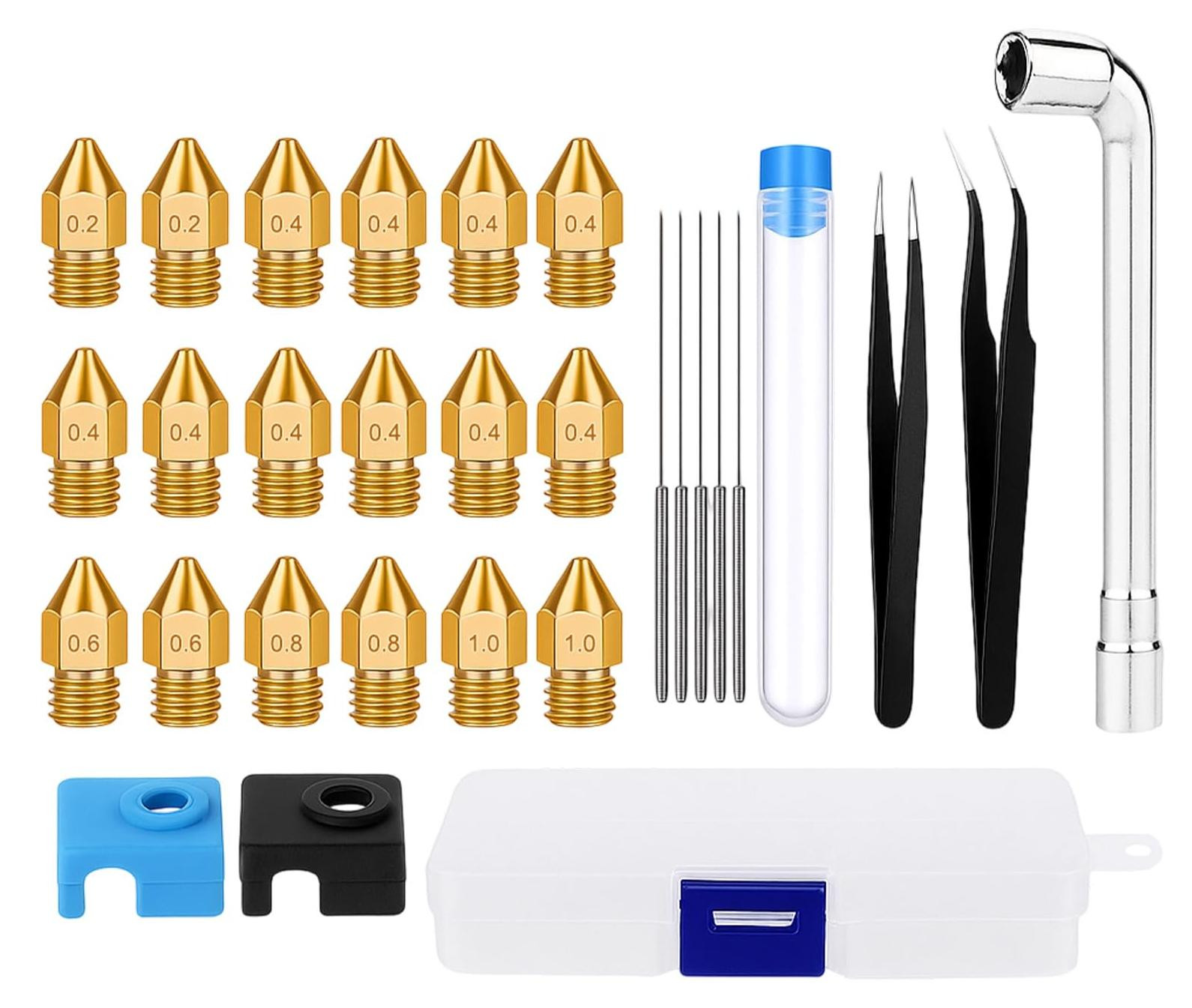 Selius 3D-printer nozzle set 30-delig met 18 messing MK8 nozzles en accessoires