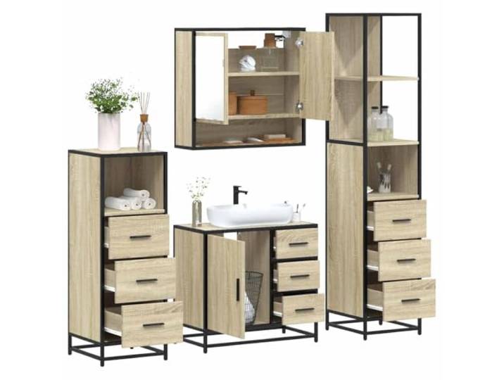 ZQQLVOO 4-TLG. Badmöbel-Set Sonoma-Eiche Holzwerkstoff Waschbeckenunterschrank,Lowboard mit Metallgestell,Wandspiegelschrank,platzsparend,Öffnung für Waschbecken