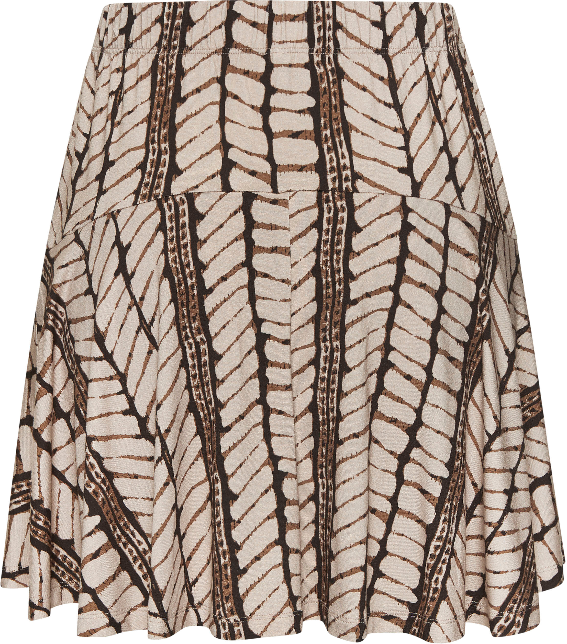 Hosenrock LASCANA "mit Alloverdruck aus Viskosejersey", Damen, Gr. 34, braun (beige, braun bedruckt), Jersey, Obermaterial: 95% Viskose, 5% Elasthan, bedruckt, figurumspielend kurz, Röcke Hosenrock, kurzer Jerseyrock, Sommerrock mit fixierter Shorts, Skor