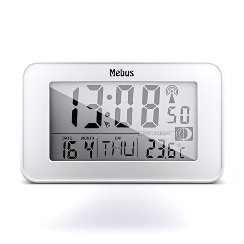 MEBUS digitale draadloze wekker met maankalender, verlichting en thermometer, Wit, 51461