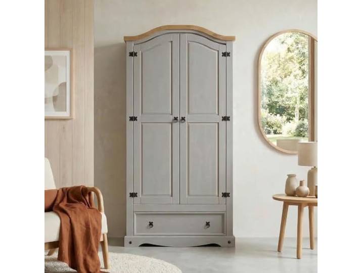 Kleiderschrank Ramon Garderobenschrank Mexiko Möbel Kiefer massiv,grau/gebeizt,gewachst, 2 Türen und 1 Schublade