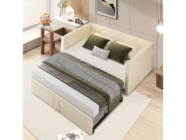 Lit Capitonné - DREAMMESPACE - Canapé-lit extensible multifonctionnel - 90x200cm et 180X200cm - Beige