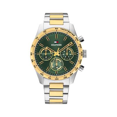Multifunktionsuhr TOMMY HILFIGER "HAMPTON", gold (silberfarben, goldfarben, grün, silberfarben, goldfarben, grün), Armbanduhren, Herren, silberfarben-goldfarben, Quarzuhr, Armbanduhr, Herrenuhr, Edelstahlarmband, analog