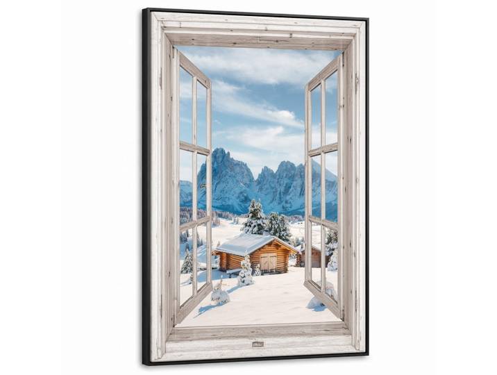 LEINWAND Bilder mit Rahmen - Winterlandschaft - Hütte - Berge - Ausblicke - Aussicht - Natur - 80x120