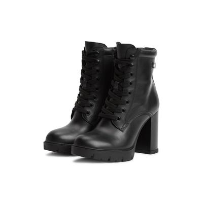 High-Heel-Stiefelette TOMMY JEANS "TJW LACE UP HIGH HEEL BOOTS", Damen, Gr. 40, schwarz, Leder, Schuhe, Blockabsatz, Schnürstiefelette mit Logoflag