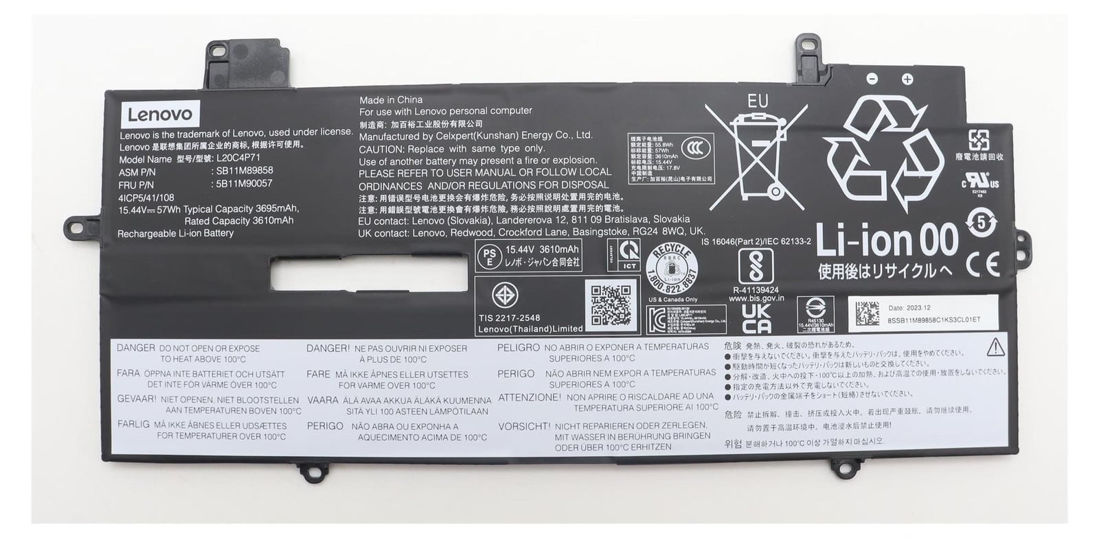 Lenovo interne lithium-ion batterij, 57Wh, 4-cellen, modelnummer 5B11M90057