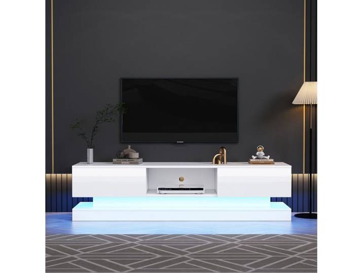 ROVRYN Meuble TV blanc brillant 160 cm avec LED multicolore 2 tiroirs et passe-câbles