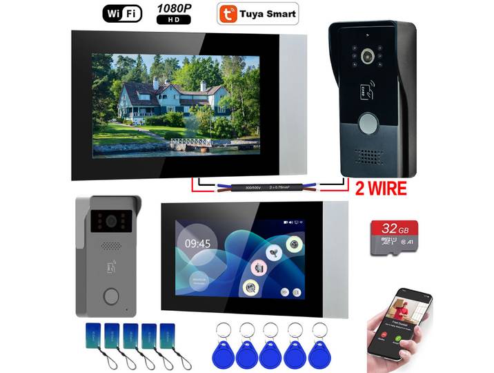 Interphone vidéo 2 fils, visiophone intelligent pour maison connectée Tuya Wifi 1080P, écran tactile couleur 7'', caméra sonnette, système de sécurité de porte