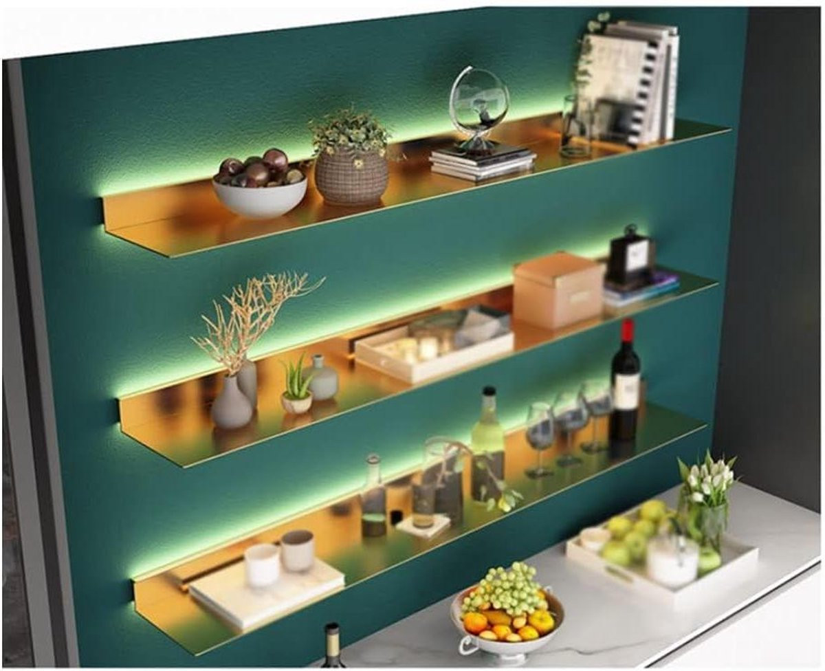 Zwevende wandplank met geïntegreerde LED-verlichting in goud
