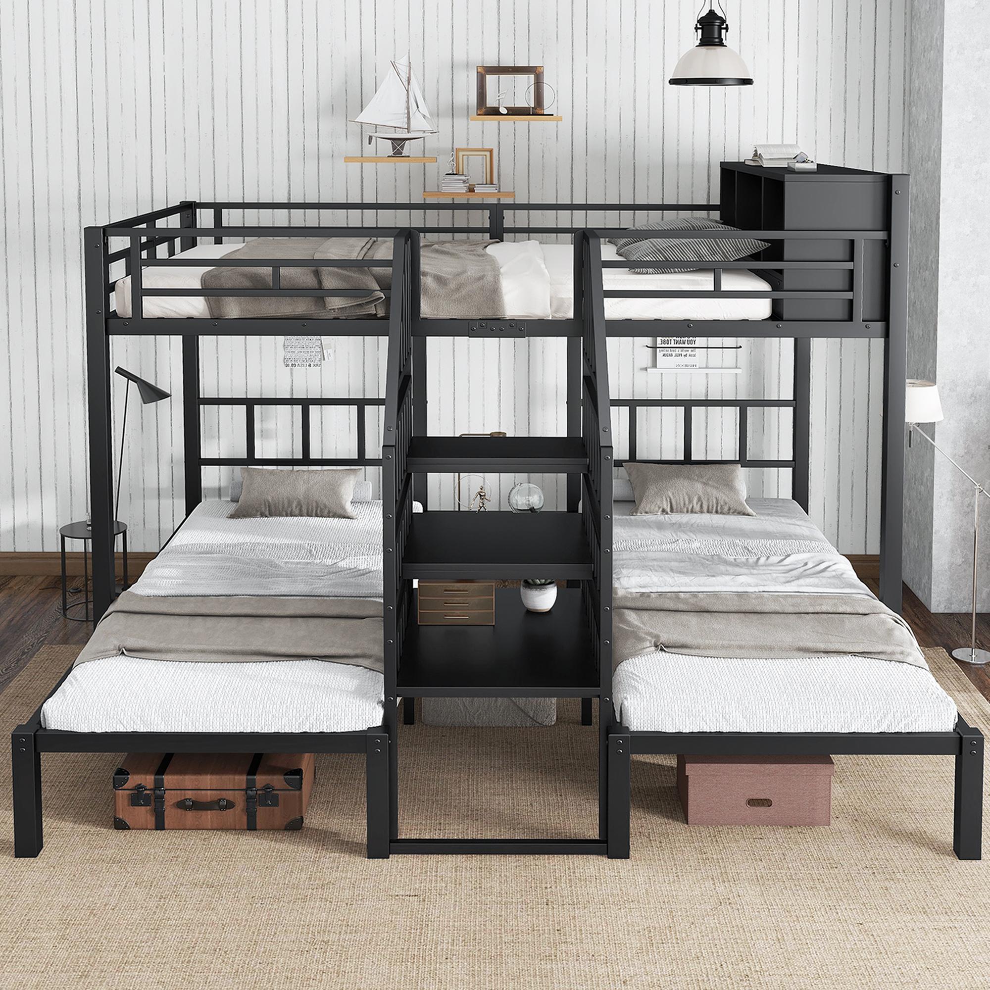 Flieks Etagenbett 90x200cm / 140x200cm für 3 Kinder, Hochbett Metallbett mit Stauraum, Kinderbett Jugendbett mit Rausfallschutz, Schwarz