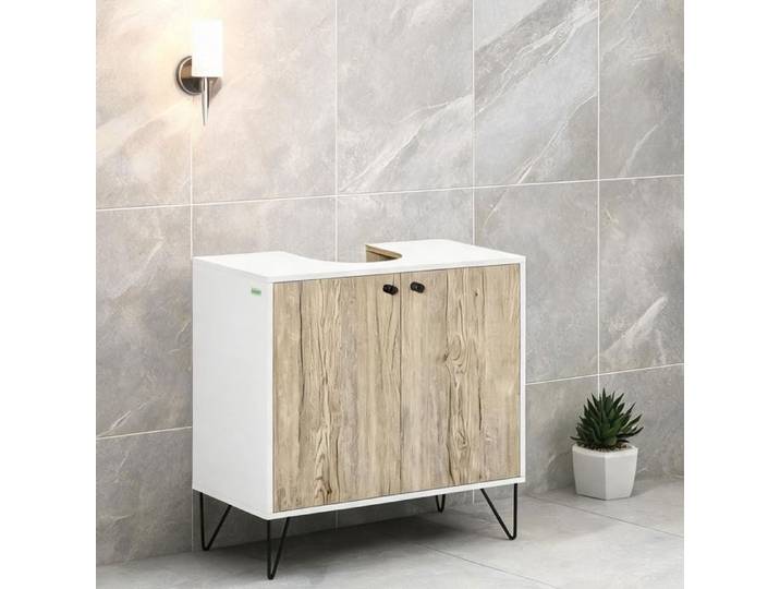 Meuble sous vasque panneau de particules blanc et bois 2 portes découpe tuyauterie 60x30x60 cm