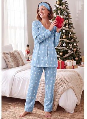 Plus Size Women's V-Neck Pajama Set & Headband by Dreams & Co. in Soft Blue Polar Bear (Size 1X)