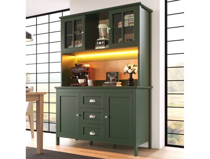Buffet de cuisine vert 120 x 40 x 179 cm avec portes vitrées brunes LED et tiroirs
