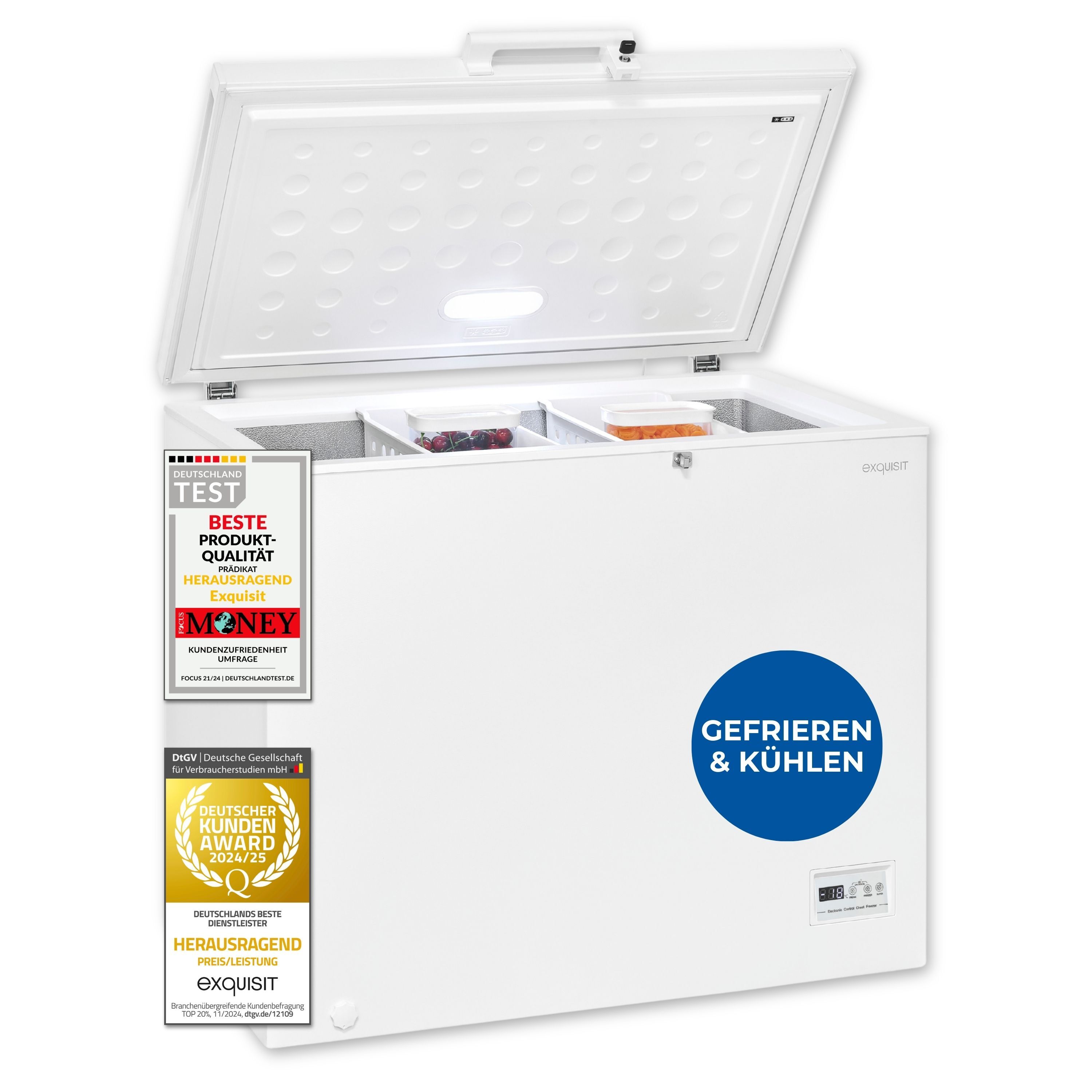 Exquisit Gefriertruhe, 246 Liter, Kombigerät, 2-in-1, Tiefkühltruhe, Kühlen, 4-Sterne-Gefrieren, Toplader, klein, GT250-HE-040D weiss