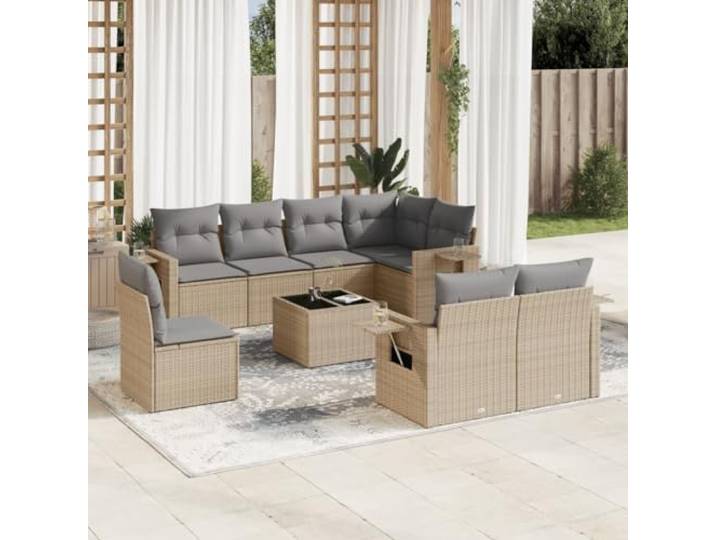 ZQQLVOO 9-TLG. Poly Rattan Sofagarnitur Beige mit Kissen Modulares Design, Hartglastisch, klappbare Ablagen, pflegeleicht, wetterbeständig