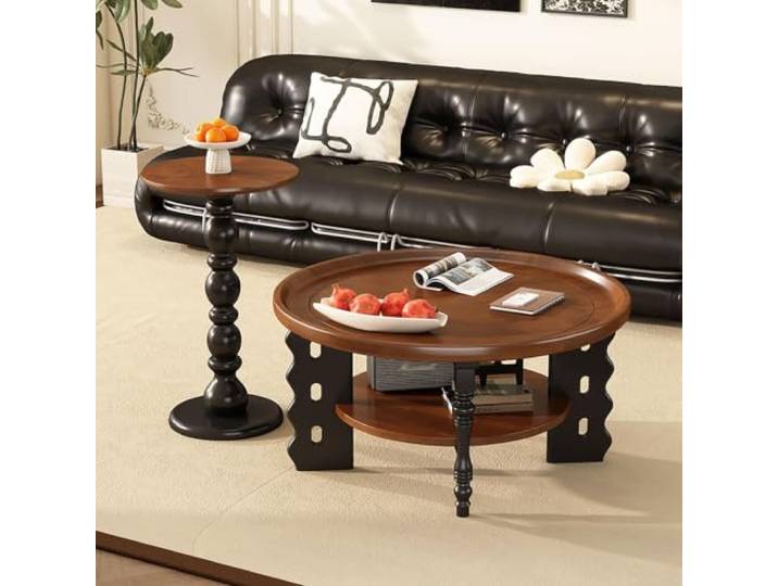 HLDJYLZS Runder Massivholz-Couchtisch, Französischer Vintage-Stil Massivholz-Konstruktion, rundes Design, französischer Vintage-Stil, Retro-Möbel, Couchtisch für kleine Räume, Wohnzimmer