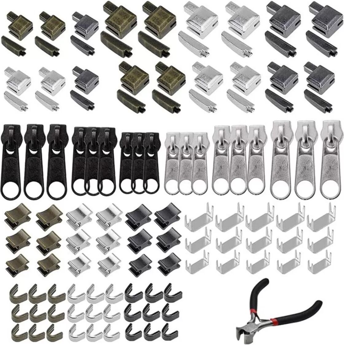 INF 142-teiliges Reißverschluss Reparatur Set mit Reißverschluss-Schiebern, Bodenschiebern und Installationszange