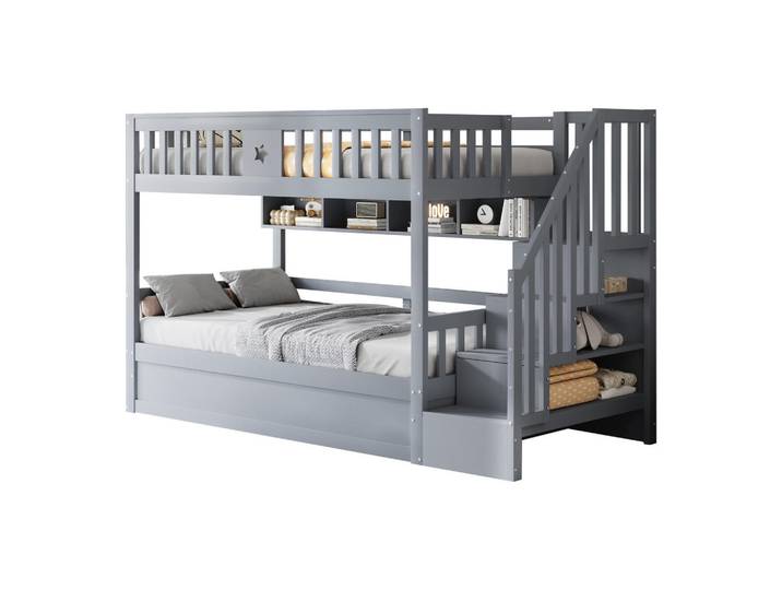 Flieks Hochbett 90x200 Grau Holz Hydraulik Stauraum Regal, 90x200 cm, Babymöbel & Kindermöbel, Kinderzimmer & Jugendzimmer, Kinderbetten, Hochbetten