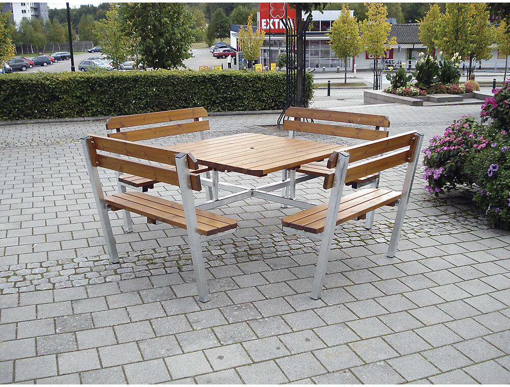 kaiserkraft Gruppensitzbank, mit 4 Bänken und Tisch, Kiefernholz, LxBxH 2200 x 2200 x 1000 mm