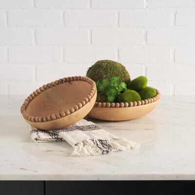 Mercana Wendell Light Brown Wood w/ Wood Bead Round Bowls - 12.0L x 3.3W x 12.0H