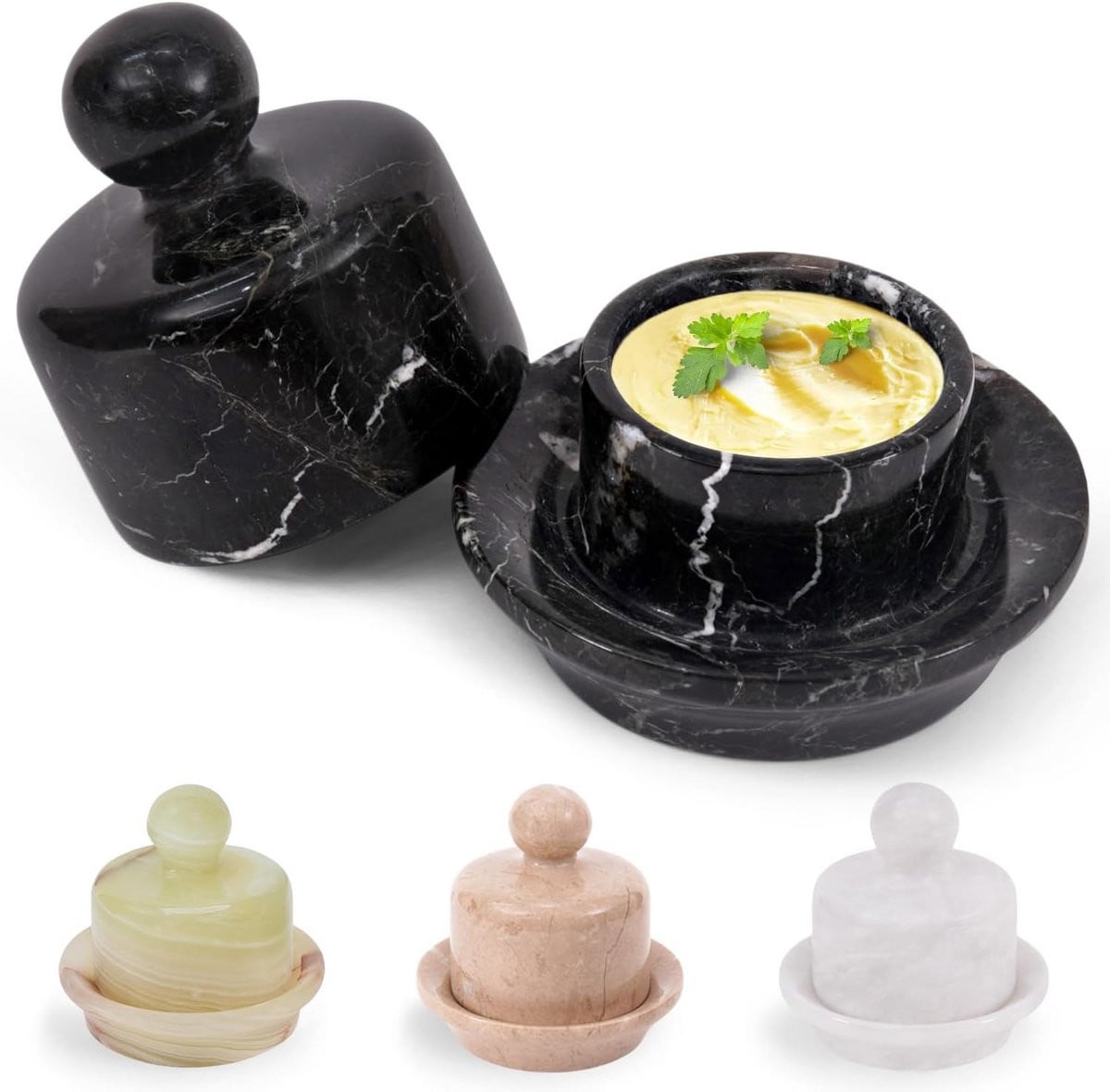 Handgemaakte mini marmeren botervloot met deksel, zwart, diameter 10 cm