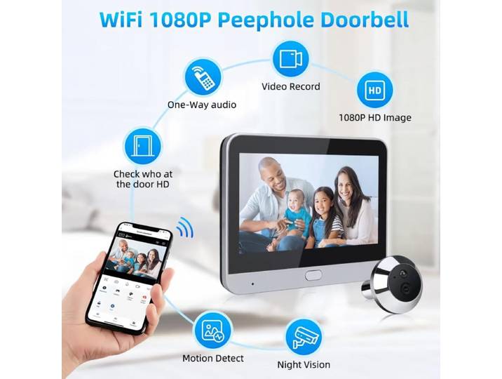 Caméra de porte intelligente Tuya Smart Mini Peephole 3MP HD 140° ° Caméra de sonnette WiFi grand angle, vision nocturne IR, détection de mouvement humain PIR, Su
