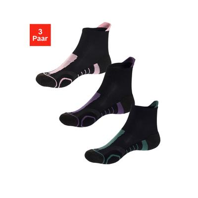 Wandersocken LASCANA ACTIVE "Damen Kurzsocken für Laufen Wandern gepolsterte Socken", Damen, Gr. 35-38, bunt (1x schwarz, lila, 1x schwarz, rosa, 1x schwarz, grün), Materialmix, gemustert, elastisch, Socken, mit verstärkten Belastungszonen