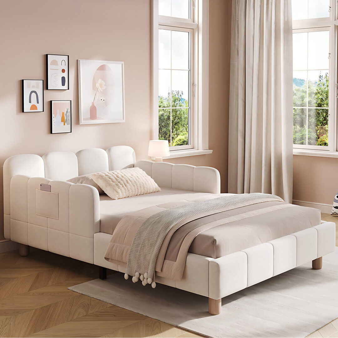 Ivy Bronx 3ft Upholstered Bed With Adjustable Safety Rail Velvet Beige
