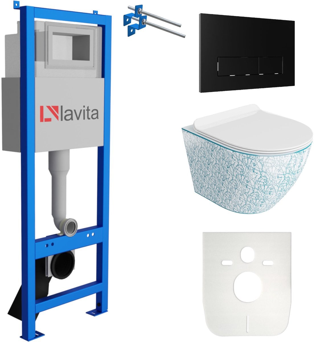 Lavita Complete Toiletset Sofi Slim Kresz met Voorwandelement en Bedieningspaneel - Zwart/Wit/Blauw