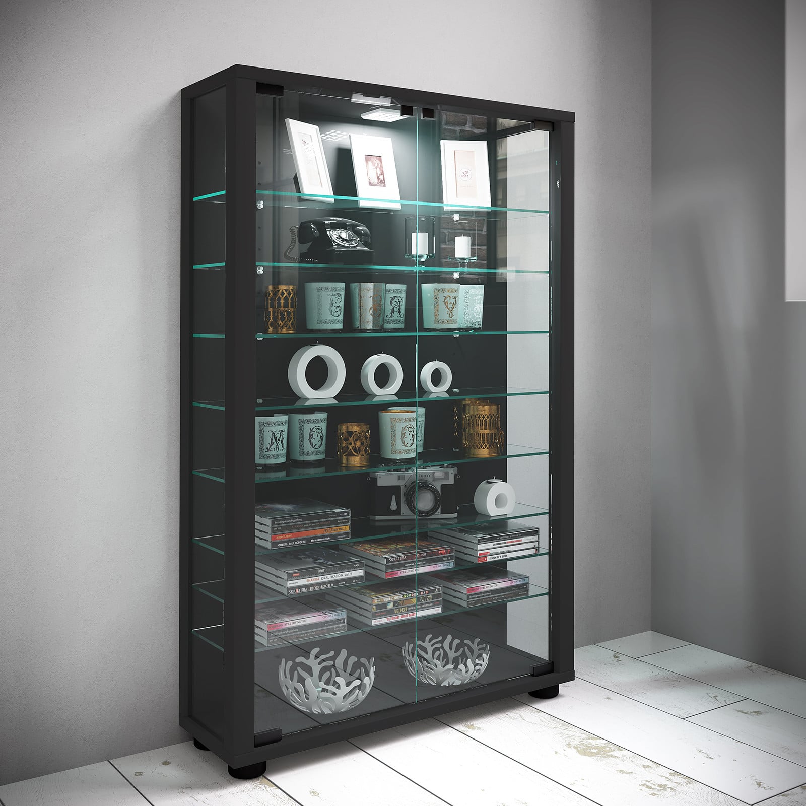 VCM Lumo Mini houten vitrinekast met glazen deuren, zwart