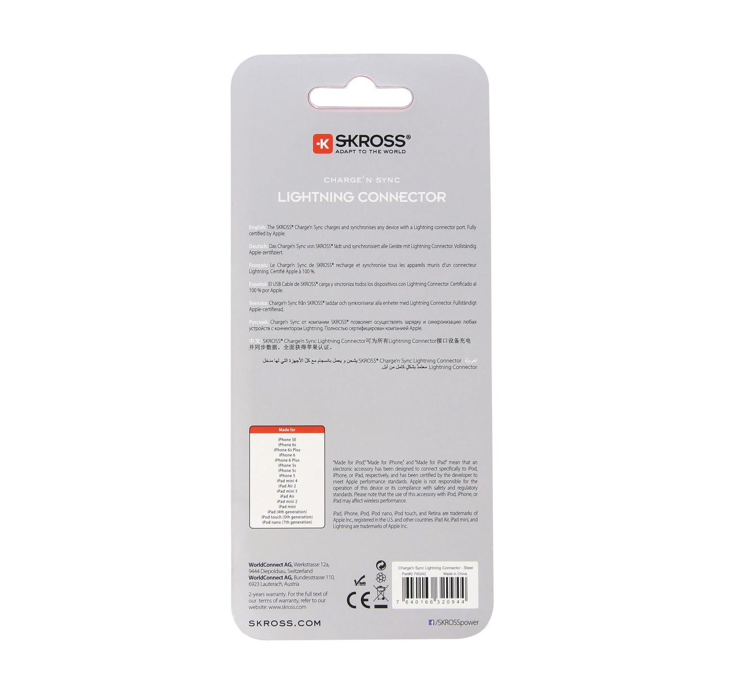 Skross Charge Sync Lightning-connector Steel Line Apple wit 1 meter