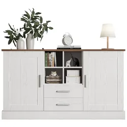 Sideboard Aufbewahrungsschrank mit Türen, Schubladen und offenen Fächern, Stauraum Möbel für Wohnzimmer, 140x40x79 cm, Weiß + Braun
