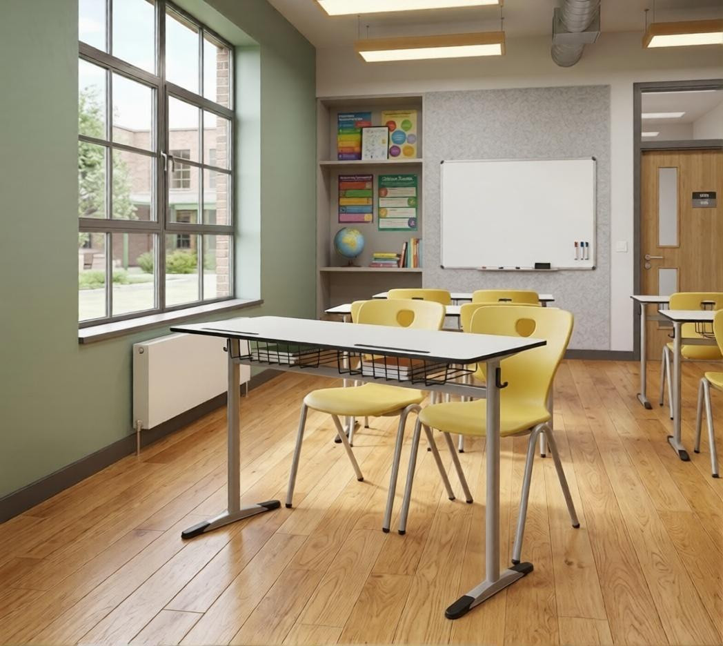 JVmoebel Schoolset met ergonomische grijze schoolset, gele schooltafel en stoel met dubbele zitplaats