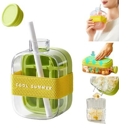 Daily Deals Depot Ice Cube Maker Bottle With Straw & Stackable Silicone Ice Tray green