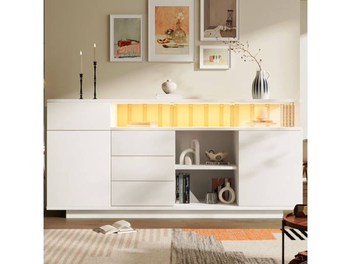 VUENOR Buffet bas 160x40x75 cm blanc – LED 4 tiroirs 2 portes