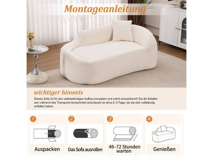 Canapé 2 places compressé en chenille – chaiselongue courbe convertible – blanc cassé